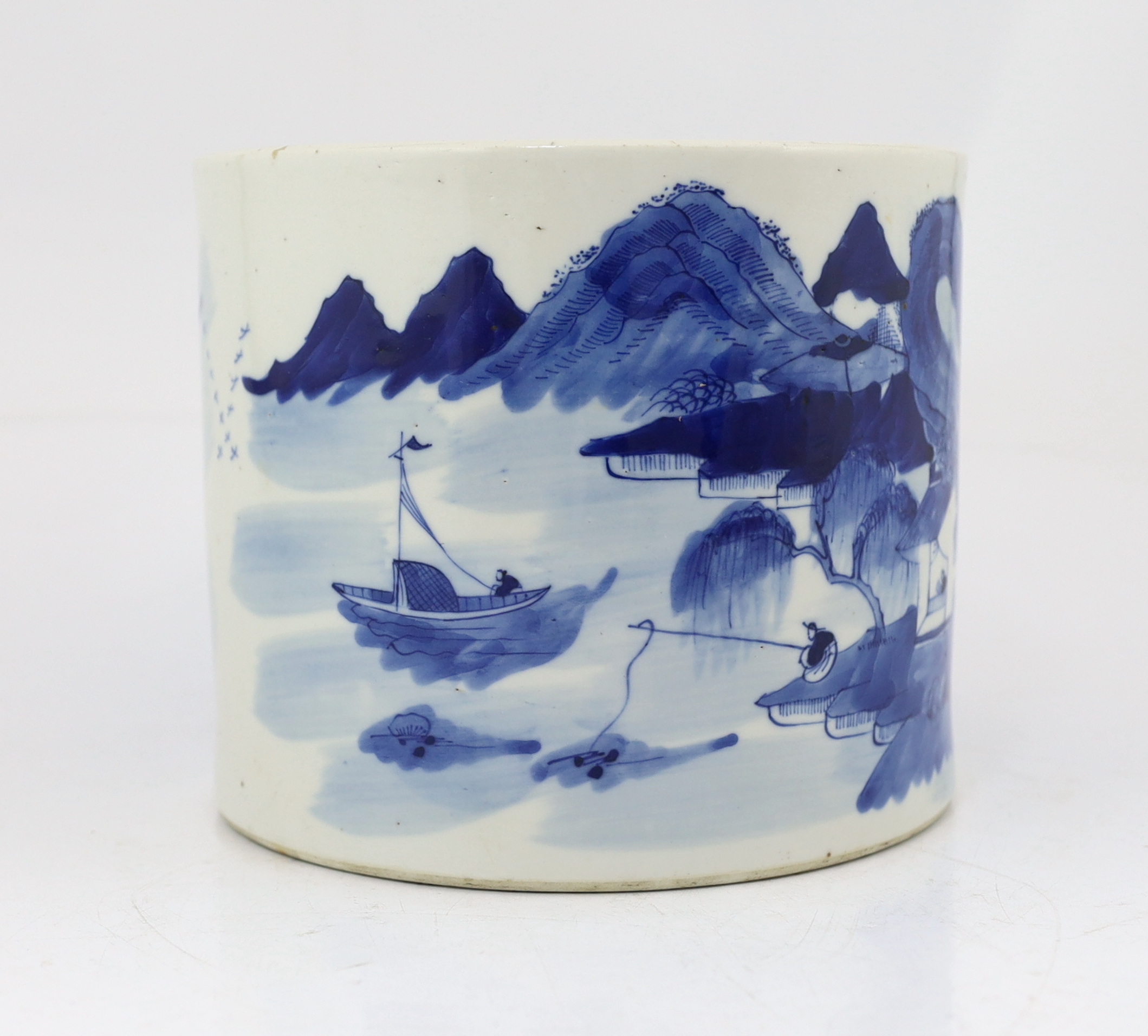 A Chinese blue and white ‘landscape’ cylindrical brushpot, bitong, 19th century